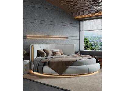 Weißes LED-Bett Designer Rundbett Schlafzimmer Luxus Polsterbett