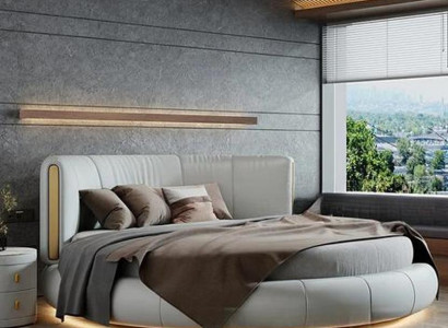 Weißes LED-Bett Designer Rundbett Schlafzimmer Luxus Polsterbett