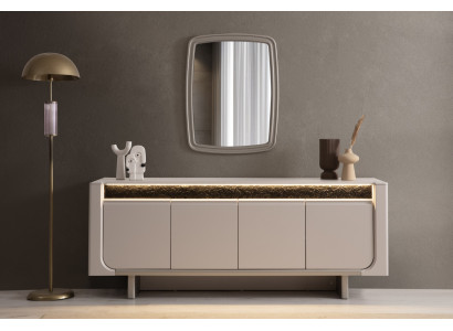 Edle Beige Kommode Designer Holzmöbel Esszimmer Konsole Spiegel