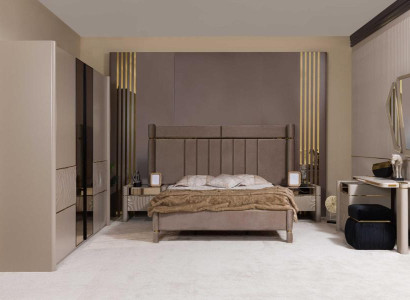 Stilvolles Schlafzimmer-Set(Bett +2x Nachttisch +Schrank +Kommode mit Spiegel)