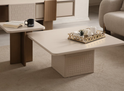 Beige Wohnzimmer-Set 2-teilig Couchtisch Center-Tisch Wohnzimmermöbel