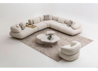 Beige Moderne Couchgarnitur Textilsofa Holz Couchtisch Hocker 5tlg