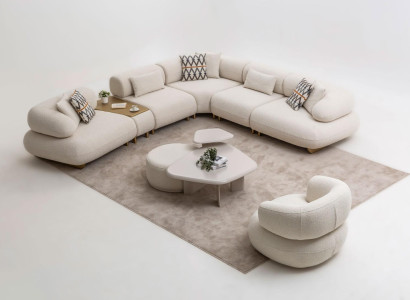 Beige Moderne Couchgarnitur Textilsofa Holz Couchtisch Hocker 5tlg