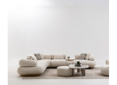 Designer Sitzgarnitur Stoffsofa Beistelltische Polsterhocker - 5tlg