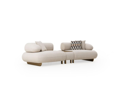 Beiger 4-Sitzer Wohnzimmer Stoffcouch Mit Holz Konsolentisch