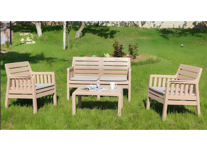 Gartenmöbel-Set beige 2-Sitzer-Sofa zwei Sessel Couchtisch 4 Teile