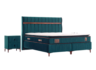 Majestätisches Bett in sattem Grün mit vertikaler Steppung und Holzakzenten