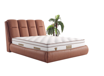 Auffälliges Bett mit voluminösem Kopfteil und breiter abgerundeter Basis