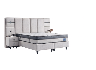 Massives Bett mit stabilem Rahmen und hochwertigem Bezug in Grau