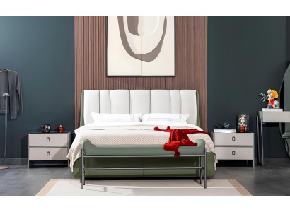 Weiß-Grüne Schlafzimmer Garnitur Polsterbett Sitzbank 2x Nachttische