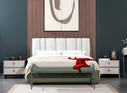 Weiß-Grüne Schlafzimmer Garnitur Polsterbett Sitzbank 2x Nachttische