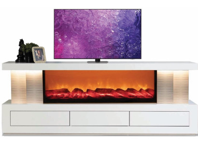 Stilvolles weißes TV-Lowboard mit Kamin, Bluetooth und Schublade