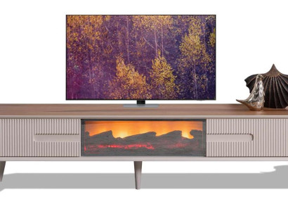 Walnuss-weißes TV-Lowboard mit Kamin und Bluetooth Unterschrank