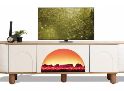 Elegantes TV-Möbel aus weißem Nussbaumholz mit Kamin und Bluetooth