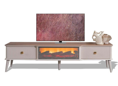 Beiger TV-schrank aus Walnussholz mit Kamin und Bluetooth-Steuerung