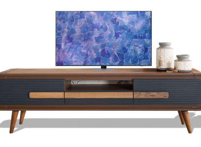 Anthrazit-walnuss TV-Schrank aus Holz mit Kamin und Stauraum Fernsehschrank