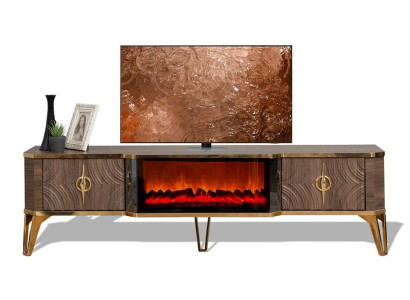 TV-Lowboard mit Kamin und Metallgriffen für das Wohnzimmer.