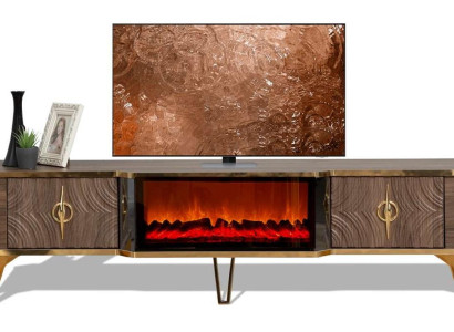 TV-Lowboard mit Kamin und Metallgriffen für das Wohnzimmer.