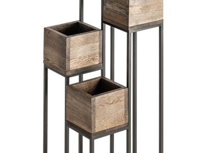 Vintage Pflanzenständer mit Metallgestell und Holzpflanzentöpfen