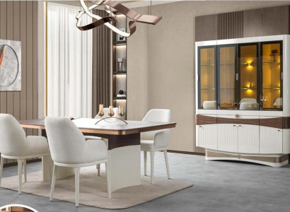 Esszimmer Set mit Esstisch, 4x Stühlen und Vitrine im modernen Design