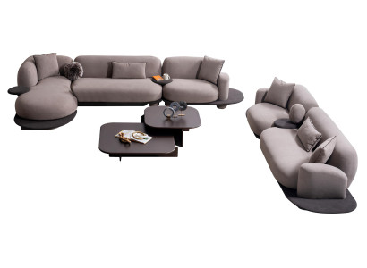 Luxuriöses Graues Sofa-Set Moderner 3-Sitzer Holztisch Ecksofa 3tlg
