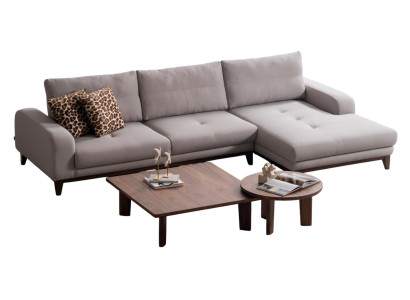 Moderne Beige Eckcouch Stilvoller Brauner Holz Couchtisch 2tlg Set