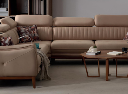 Beiges Polstersofa Designer L-Form Couch Holzfüße Wohnzimmer Sofa