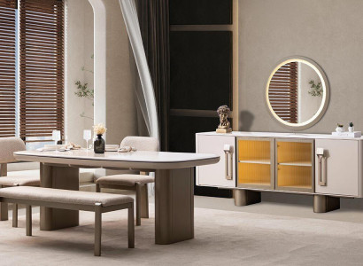 Modernes Esszimmer Set mit Tisch 4 Stühlen Bank Sideboard und Spiegel