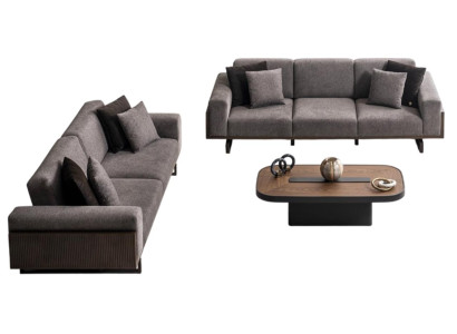 Braune Elegante Sofagarnitur Designer Dreisitzer Holz Couchtisch