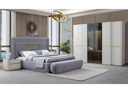 Designer Schlafzimmer-Set Lila Polsterbett Weißer Kleiderschrank