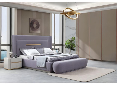 Luxuriöses Schlafzimmer-Set Lila Doppelbett 2x Nachttische Sitzbank