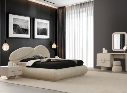 Beige Schlafzimmer Garnitur  Textilbett Schminktisch 2x Nachttische