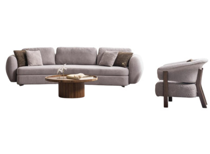 Braun-Beiges Wohnzimmer Set Polstersofa Designer Sessel Rundtisch
