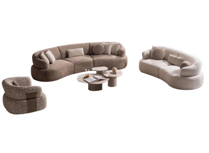 Braun-Beiges Sofa-Set Stilvoller Dreisitzer Textilsessel Holztisch