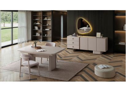 Moderner Esstisch mit Stühlen und Kommode mit Spiegel