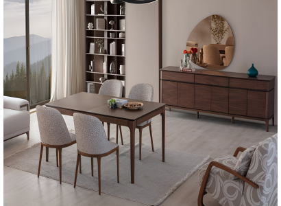 Braun-Beiges Esszimmer-Set Holztisch Designer Lowboard Polsterstühle