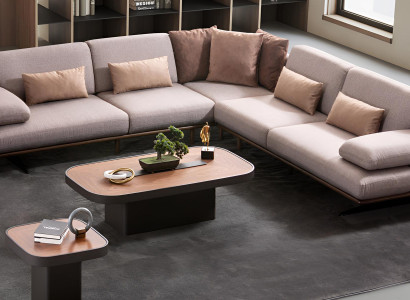 Stilvolles Beiges Ecksofa Designer Couchtisch L-Form Holzgestell