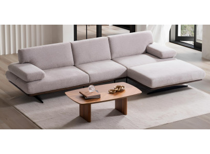 Moderne Hellbeige Eckcouch L-Form Polstersofa Holz Couchtisch 2tlg