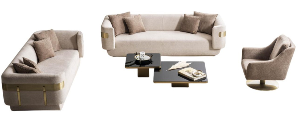 Beige Sofagarnitur Stilvoller 4-Sitzer Holz Couchtisch Goldelemente
