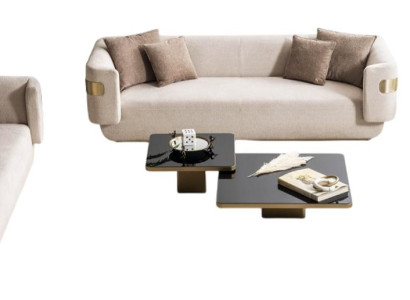 Beige Sofagarnitur Stilvoller 4-Sitzer Holz Couchtisch Goldelemente