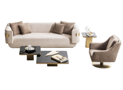 Beige Sofagarnitur Designer 4-Sitzer Textilsessel Schwarze Tische