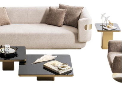 Beige Sofagarnitur Designer 4-Sitzer Textilsessel Schwarze Tische