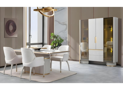 Elegante Esszimmer Garnitur Weißer Esstisch 4x Essstühle Vitrine