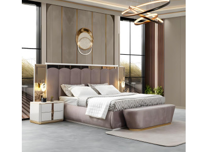 Luxuriöses Schlafzimmer-Set Designer Polsterbett 2x Holz Nachttische