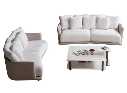 Luxuriöses Weißes Sofa-Set Designer 3-Sitzer Holz Couchtisch 3tlg