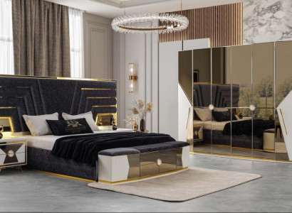 Schwarz-Weiße Schlafzimmer Garnitur Polsterbett Nachttische Schrank