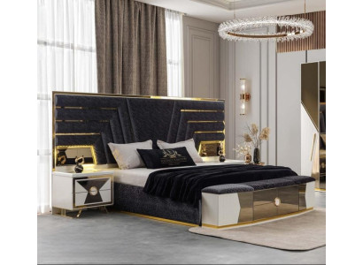 Schwarz-Weiße Bettgarnitur Doppelbett 2x Luxuriöse Nachttische 3tlg