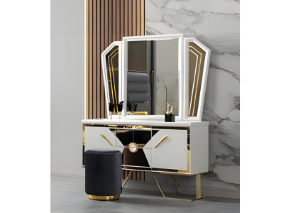 Gold-Weißer Schminktisch Exklusiver Frisiertisch Schlafzimmer Möbel