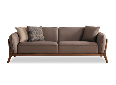 Designer Braunes 3-Sitzer Sofas Wohnzimmer Stoffcouch Holzgestell