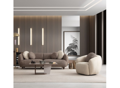 Braun-Weiße Sitzgarnitur Designer 3-Sitzer Weißer Relaxsessel 2tlg